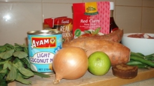 ingredients for sweet potato & pork red curry
